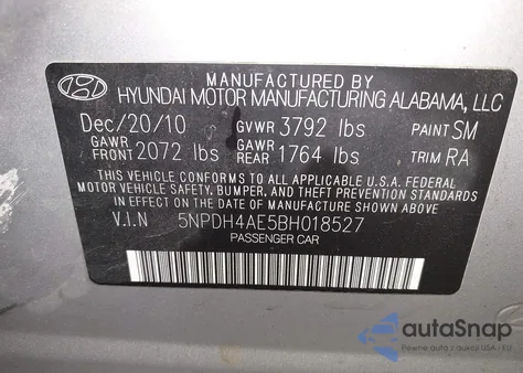 2011 Hyundai Elantra Limited from USA, damaged, VIN 5NPDH4AE5BH018527